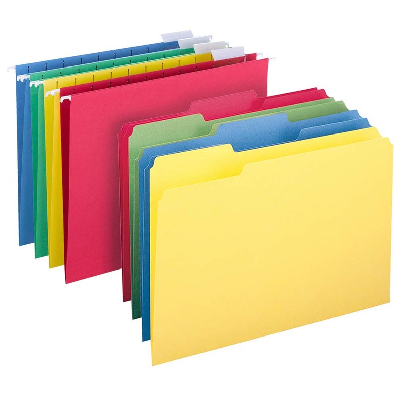 Smead Hanging File Folder Kit, Letter Size, Set of 24 Hanging File Folders and 24 Top Tab File Folders, Assorted Colors (Red, Yellow, Blue, Green) - Image 1
