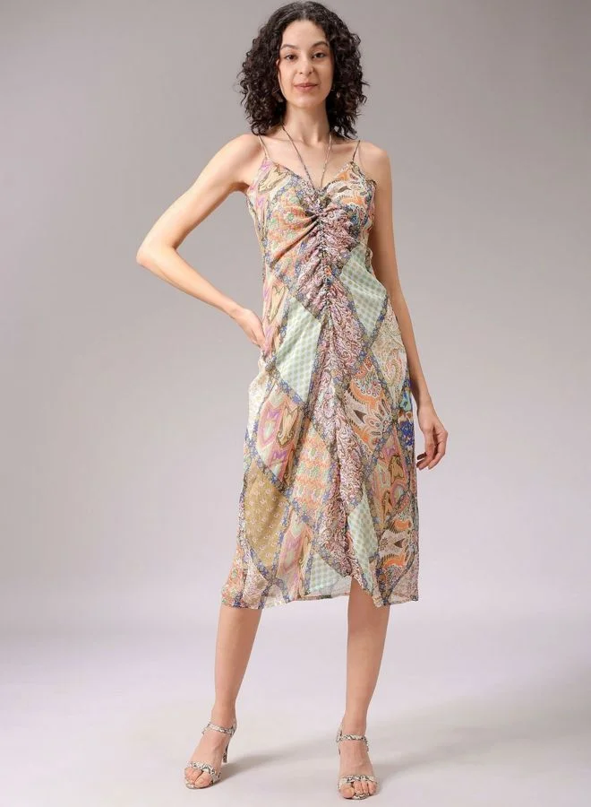 Freehand  Women Regular Fit All Over Print V-Neck Sleeveless Ruched Dress for Women | Best Price UAE
