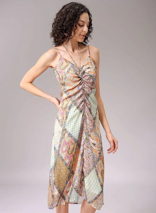Freehand  Women Regular Fit All Over Print V-Neck Sleeveless Ruched Dress for Women | Best Price UAE