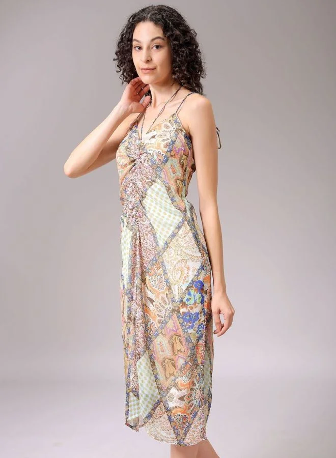 Freehand  Women Regular Fit All Over Print V-Neck Sleeveless Ruched Dress for Women | Best Price UAE