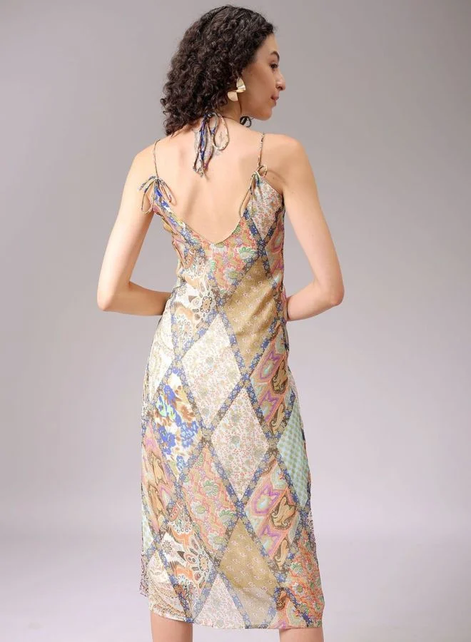 Freehand  Women Regular Fit All Over Print V-Neck Sleeveless Ruched Dress for Women | Best Price UAE