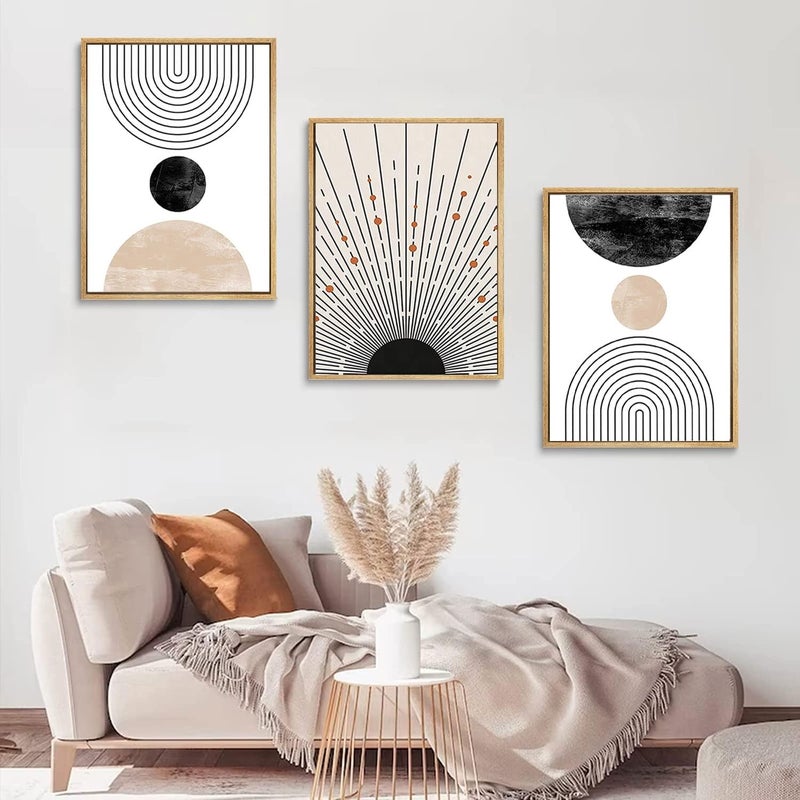 LOARTVE 3 Pcs Boho Wall Art Mid Century Modern Neutral Abstract Geometric Line Minimalist Black and White Beige Sun Wall Decor Poster Pictures Prints for Living Room Bedroom Bathroom Office Home Unframed - Image 3