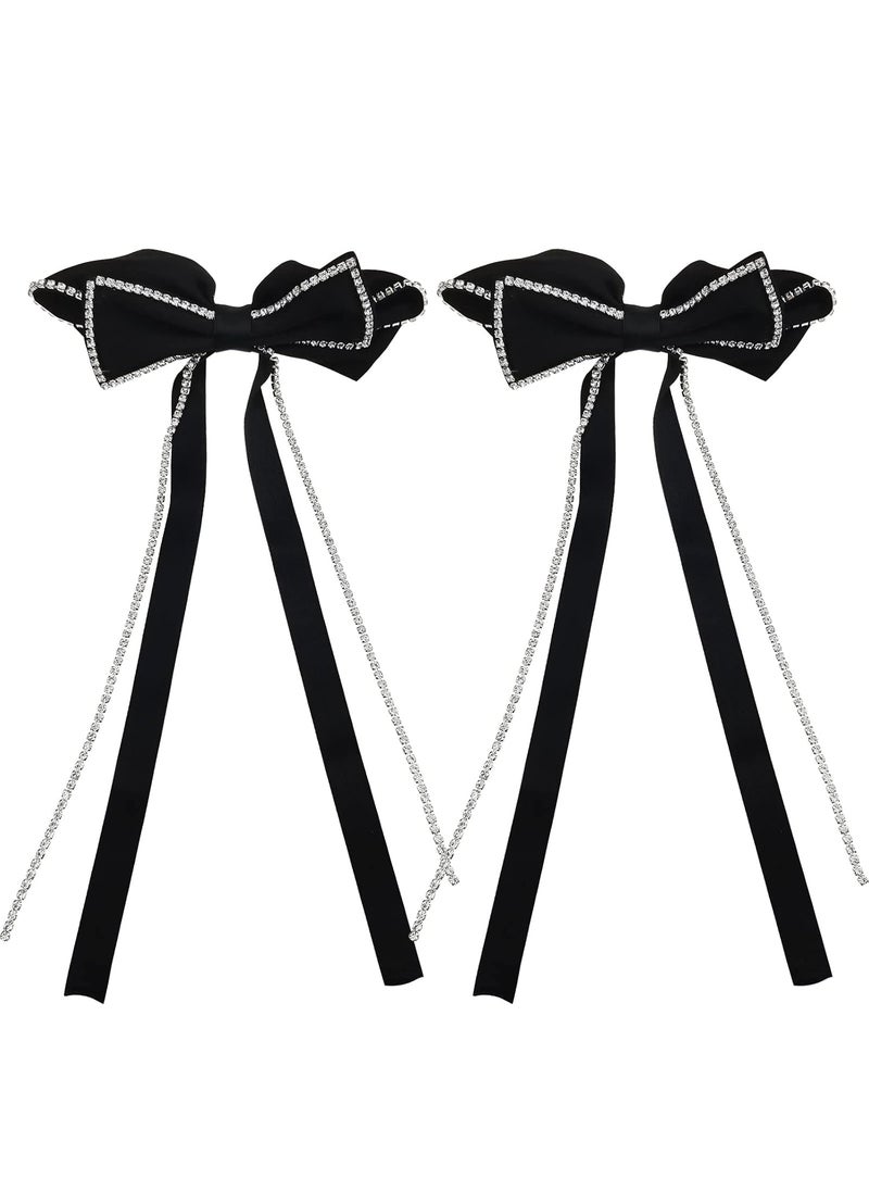 DonLeeving - 2 PACK Hair Bows Sparkly Rhinestone Tassel Hair Clips Barrettes Black Bowknot with Long Brocade Tassel Ribbon Claw Hair Accessories for Women and Girls - Image 1