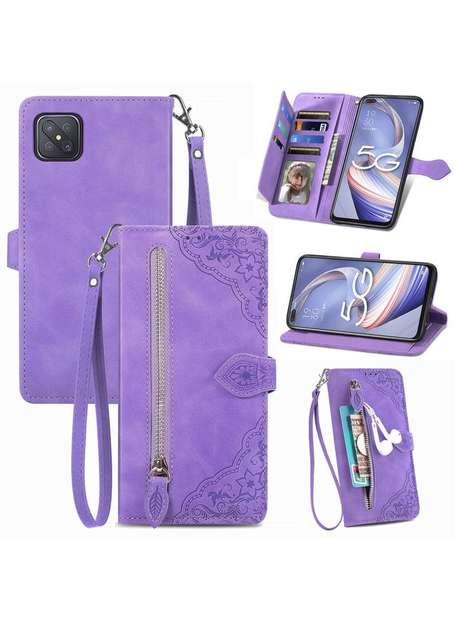 اس-توب جراب هاتف OPPO Reno4 Z 5G من الجلد بسحاب منقوش بالزهور - Image 1