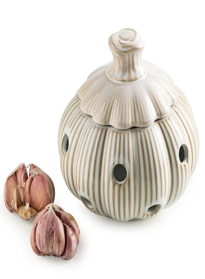 Cormomu Garlic Storage Pod Ceramic Garlic Keeper with Lid Large Garlic Container for Counter, White - Image 1