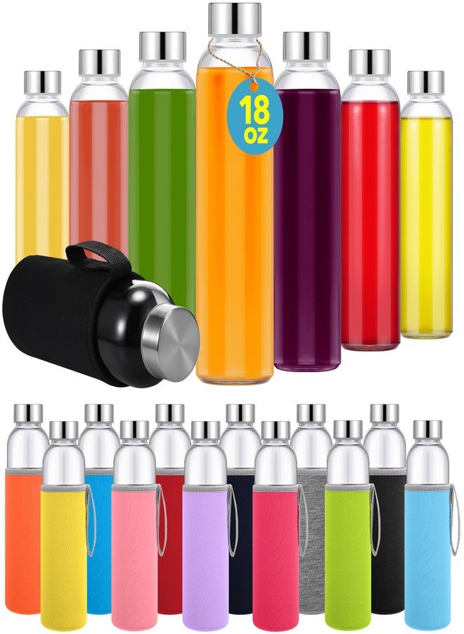 فيسيشي مجموعة فيسيتشي المكونة من 12 زجاجة مياه زجاجية شفافة سعة 18 أونصة، زجاجات عصير زجاجية قابلة لإعادة الاستخدام مع غطاء واقٍ وأغطية من الفولاذ المقاوم للصدأ مانعة للتسرب للحليب والعصائر والمشروبات والشاي (ملونة، كلاسيكية) - Image 5