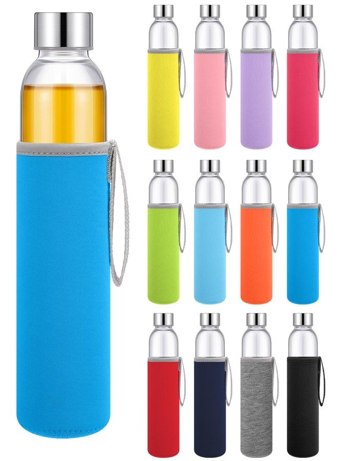 فيسيشي مجموعة فيسيتشي المكونة من 12 زجاجة مياه زجاجية شفافة سعة 18 أونصة، زجاجات عصير زجاجية قابلة لإعادة الاستخدام مع غطاء واقٍ وأغطية من الفولاذ المقاوم للصدأ مانعة للتسرب للحليب والعصائر والمشروبات والشاي (ملونة، كلاسيكية) - Image 1