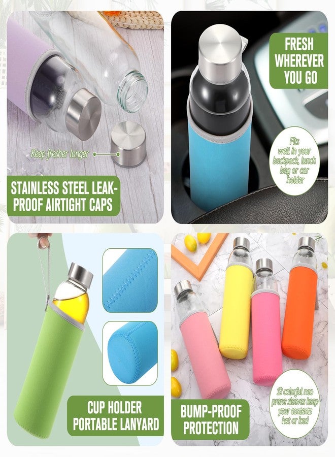 فيسيشي مجموعة فيسيتشي المكونة من 12 زجاجة مياه زجاجية شفافة سعة 18 أونصة، زجاجات عصير زجاجية قابلة لإعادة الاستخدام مع غطاء واقٍ وأغطية من الفولاذ المقاوم للصدأ مانعة للتسرب للحليب والعصائر والمشروبات والشاي (ملونة، كلاسيكية) - Image 3