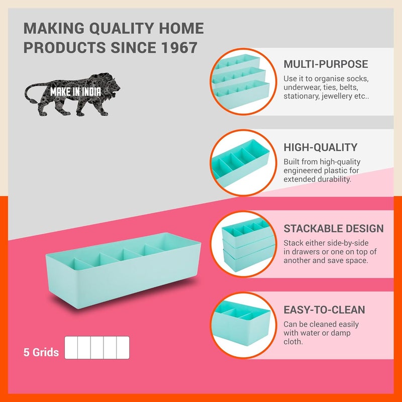 Bathla DORI (Set of 16) Multi-purpose Stackable Drawer Storage Organiser | Organise Socks, Innerwear, Tie, Handkerchief, Jewellery, Stationary, Belt etc.| Jade | 5 Grids – Stomo - Image 3