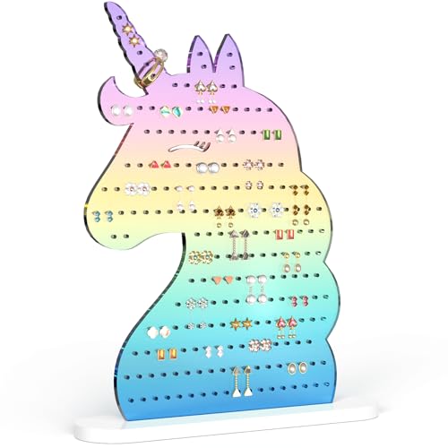 NiHome Acrylic Unicorn Earring Holder with 214 Holes for 80107 Pairs Smiling Unicorn Jewelry Display Stand for Teens and Women Stud Dangle Earring Organizer with AntiSlip Pads Gradient Rainbow - Image 1