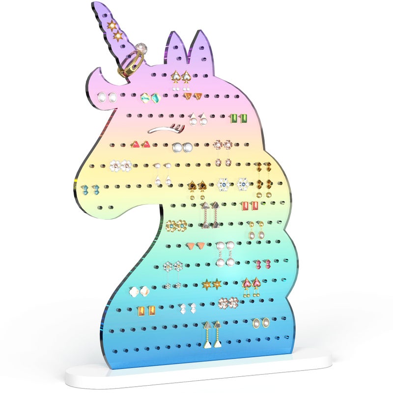 NiHome Acrylic Unicorn Earring Holder with 214 Holes for 80107 Pairs Smiling Unicorn Jewelry Display Stand for Teens and Women Stud Dangle Earring Organizer with AntiSlip Pads Gradient Rainbow - Image 3