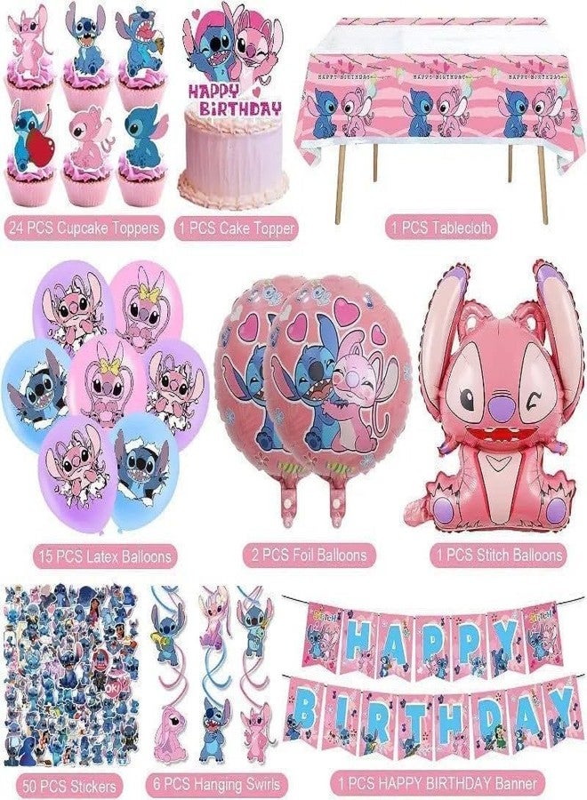 Lilo & Stitch 101PCS Stitch Party Supplies, Birthday Decorations Set Include Banner, Balloons, Stickers, Hanging Swirls, Cake Cupcake Toppers, Tablecloth for Girls Pink Stitch Theme Party - Image 3