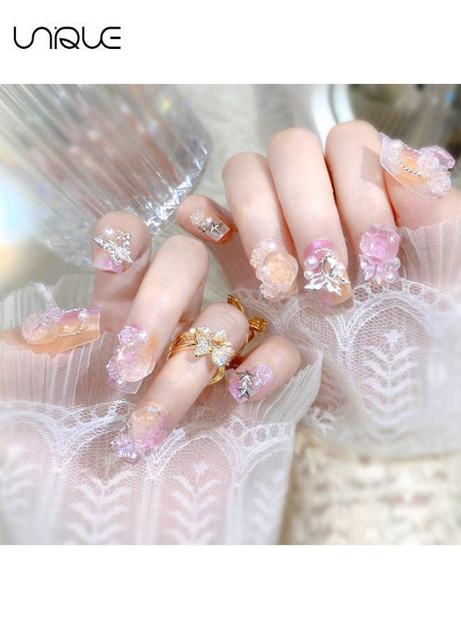 Unique 24Pcs Fake Nails, Press Nails, Mid-Almond Manicure - Diamond-encrusted Pearl Star Manicure - Gradient Purple Orange Blossom Butterfly Manicure - Fake Nail Patch - Image 3