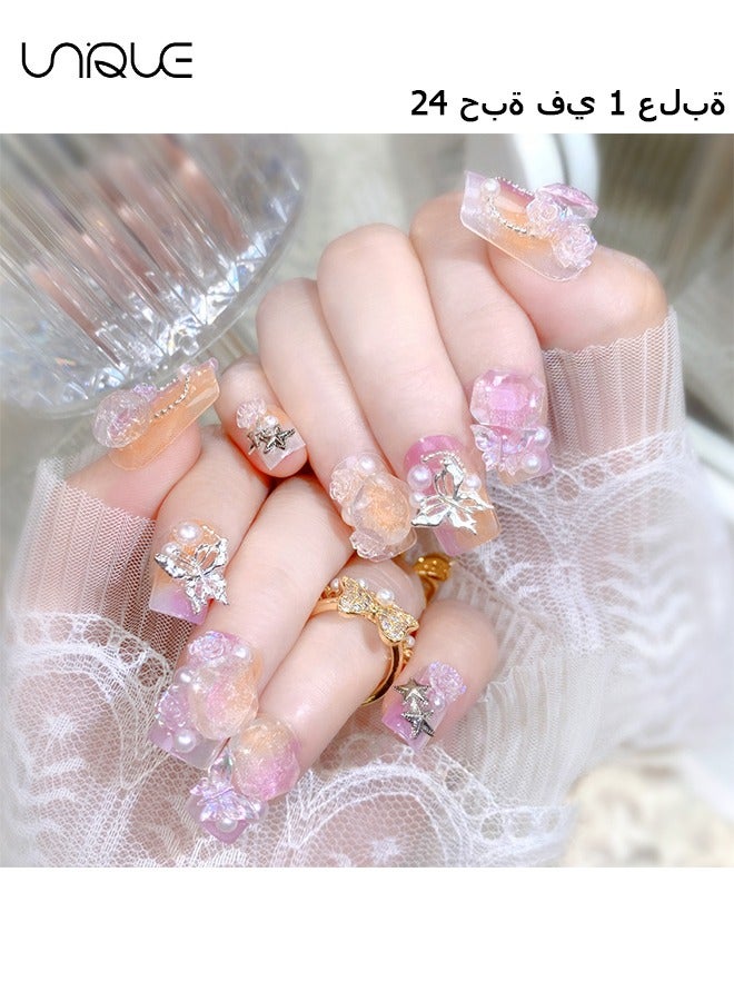 Unique 24Pcs Fake Nails, Press Nails, Mid-Almond Manicure - Diamond-encrusted Pearl Star Manicure - Gradient Purple Orange Blossom Butterfly Manicure - Fake Nail Patch - Image 1