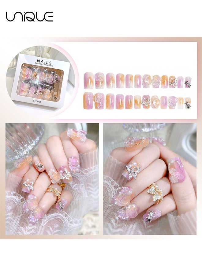 Unique 24Pcs Fake Nails, Press Nails, Mid-Almond Manicure - Diamond-encrusted Pearl Star Manicure - Gradient Purple Orange Blossom Butterfly Manicure - Fake Nail Patch - Image 2