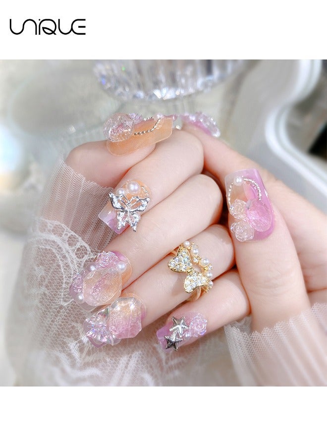 Unique 24Pcs Fake Nails, Press Nails, Mid-Almond Manicure - Diamond-encrusted Pearl Star Manicure - Gradient Purple Orange Blossom Butterfly Manicure - Fake Nail Patch - Image 4