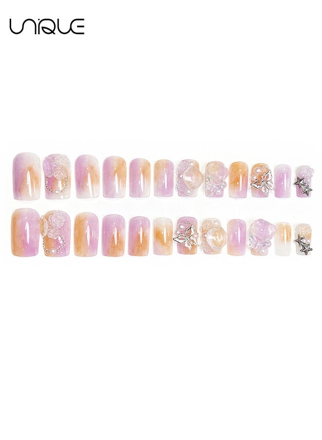 Unique 24Pcs Fake Nails, Press Nails, Mid-Almond Manicure - Diamond-encrusted Pearl Star Manicure - Gradient Purple Orange Blossom Butterfly Manicure - Fake Nail Patch - Image 5