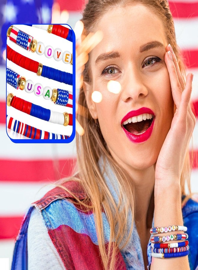 mintolex 4th of July Bracelets for Women Men Red Blue White Love USA Beaded Bracelet Handmade Stretchable Preppy Bracelets Independence Day Accessories, 5PCS - Image 2
