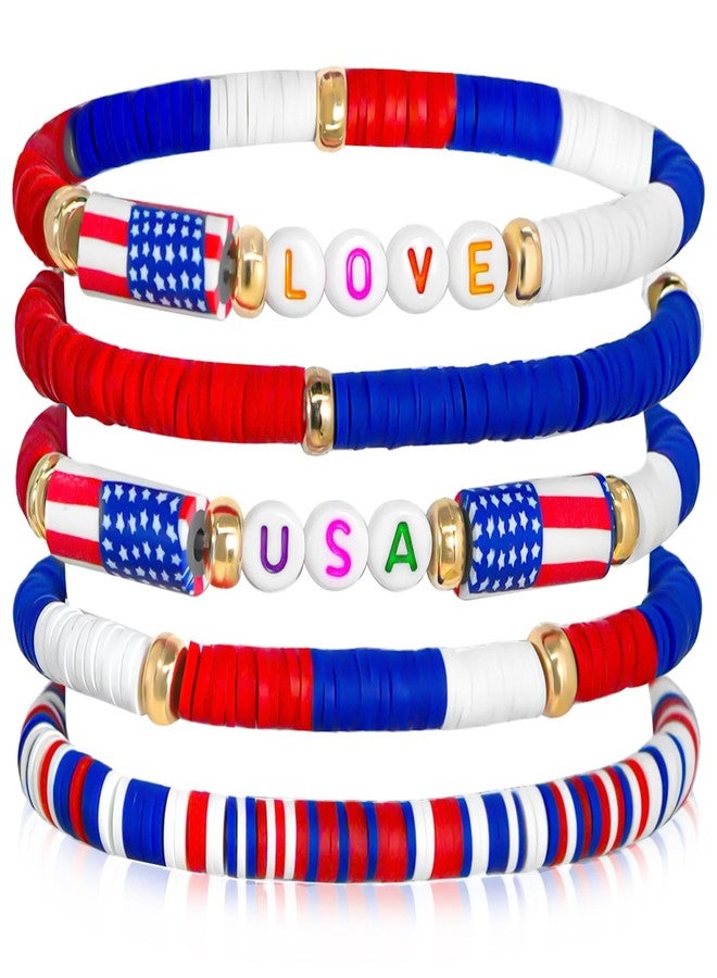 mintolex 4th of July Bracelets for Women Men Red Blue White Love USA Beaded Bracelet Handmade Stretchable Preppy Bracelets Independence Day Accessories, 5PCS - Image 1