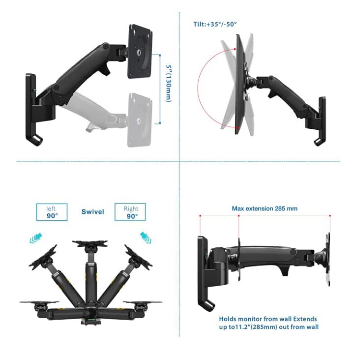Gadget Wagon Gas Spring Wall Mount for Monitor & LED TV, 360 Degree Swivel & Tilt View (Upto 27 Inches | 2-9 kgs | VESA 100X100 mm) - Image 4