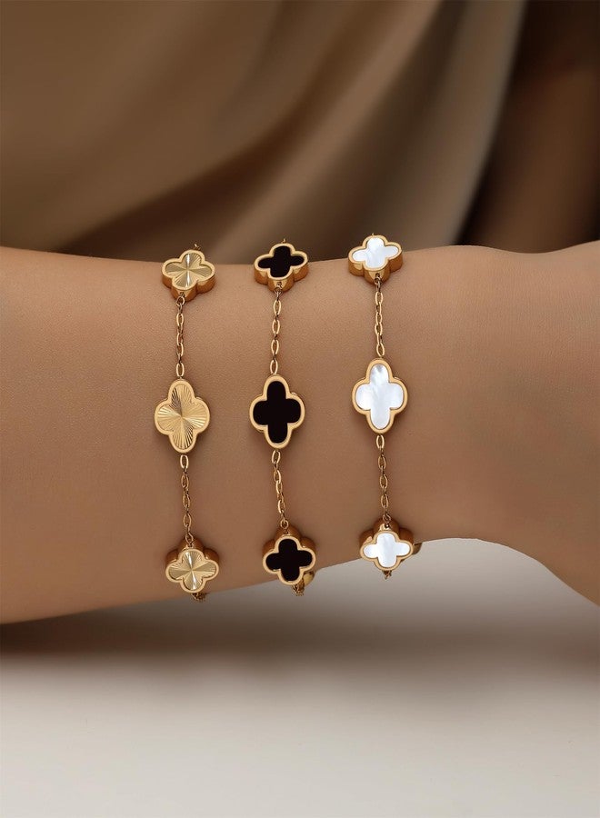 HAITTY 18K Gold Plated Clover Bracelet Set for Women White/Black/Gold/Silver/Green/Pink Adjustable Link Double-Sided Lucky Bracelets Trendy Bracelets Set Jewelry Gifts for Women Men, Large, Stainless - Image 3