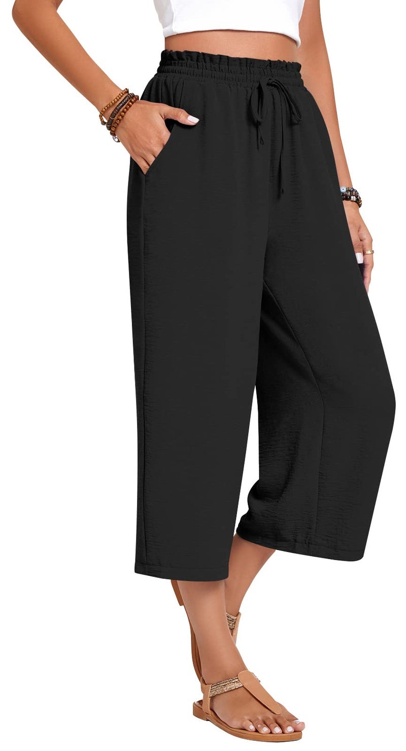 Anyhold Womens Capri Pants Loose High Waisted Wide Leg Lounge Pants Drawstring Casual Palazzo Trousers with Pockets Large, Black - Image 3