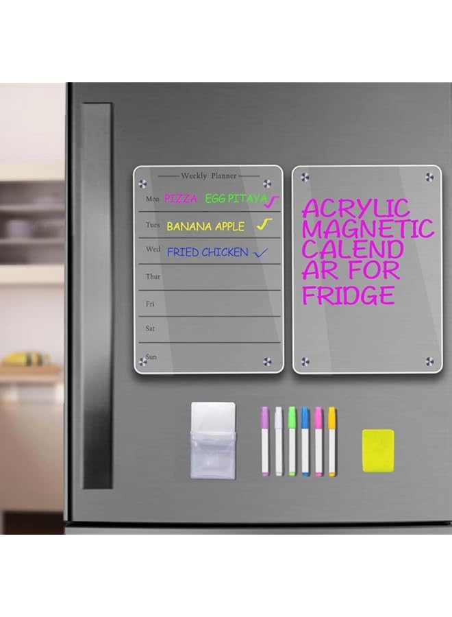 erorex 2 Pcs 9 Inch X13 Inch Clear Weekly Meal Planner Magnetic Acrylic Board Acrylic Magnetic Dry Erase Board For Fridge Magnet Week Calendar For Refrigerator Includes 6 Colors Markers And Pen Container  - Image 1