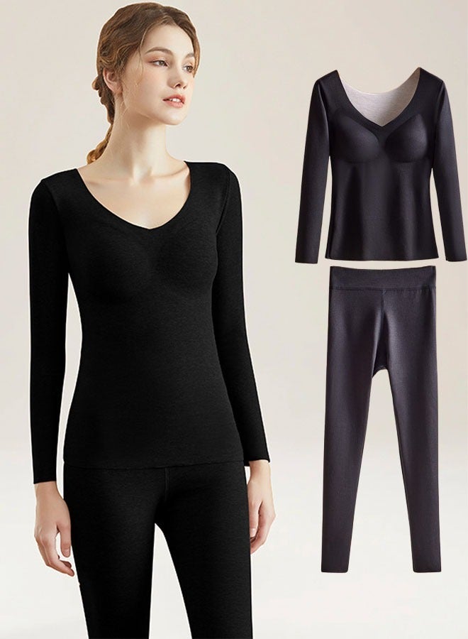 VUCATIN Cashmere Thermal Underwear Women's Autumn Trousers V-Neck Thermal Suit Long-Sleeved Base Pajamas Top and Leggings Set Base Shirt with Chest Pad Winter Cold Weather (Black)  - Image 1