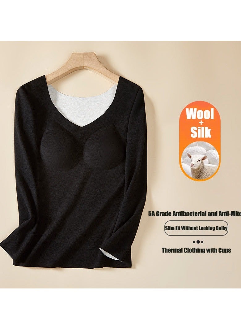 VUCATIN Cashmere Thermal Underwear Women's Autumn Trousers V-Neck Thermal Suit Long-Sleeved Base Pajamas Top and Leggings Set Base Shirt with Chest Pad Winter Cold Weather (Black)  - Image 2