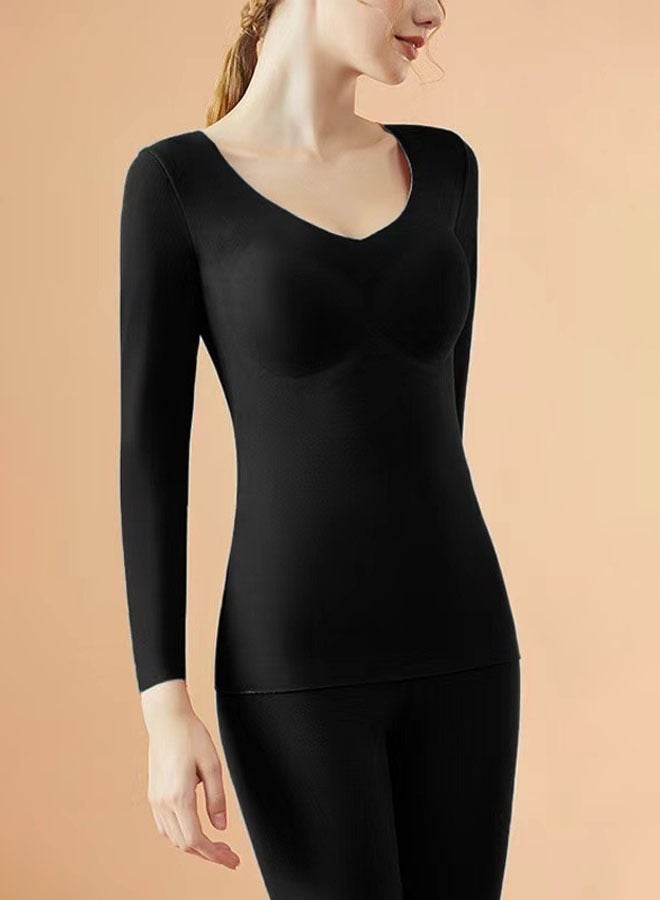 VUCATIN Cashmere Thermal Underwear Women's Autumn Trousers V-Neck Thermal Suit Long-Sleeved Base Pajamas Top and Leggings Set Base Shirt with Chest Pad Winter Cold Weather (Black)  - Image 5