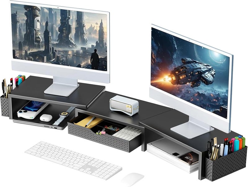 gianotter Dual Monitor Stand Riser, Desk Organizer With Drawer and 2 Pen Holders, Computer Monitor Stand, Desk Shelf for Top of Desk (Black) - Image 1