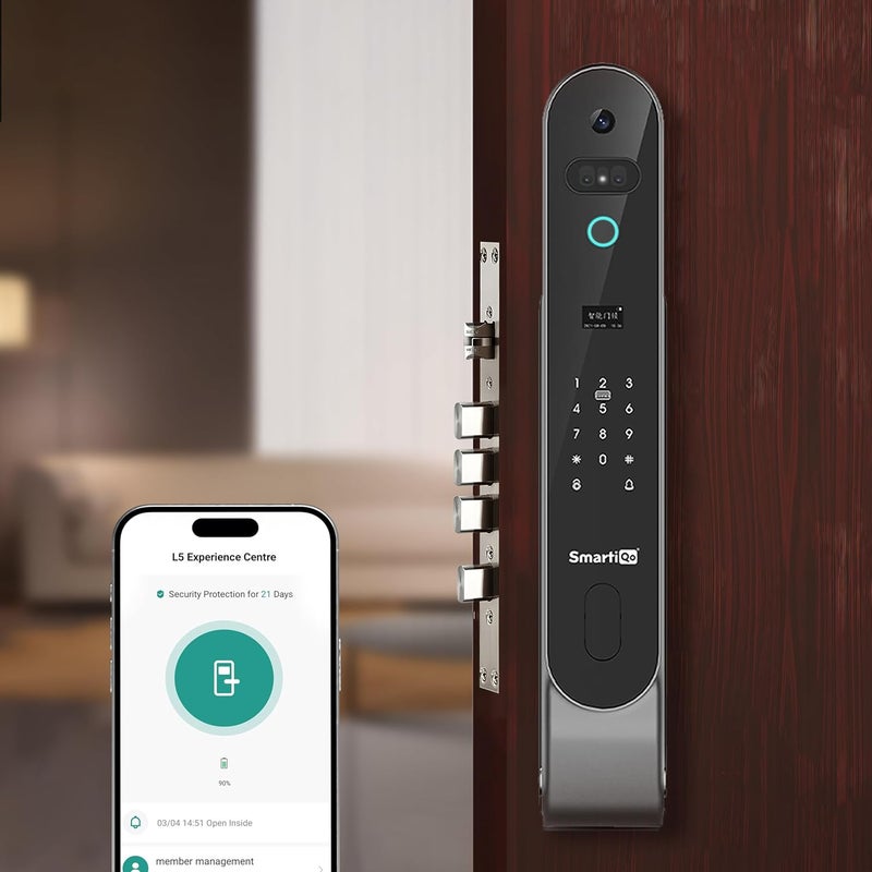 SmartiQo SmartiQo L5 Smart Door Lock with Camera 6Way Unlocking 5 Bolts Fingerprint Remote Unlocking via OTP PIN 3D Face Unlock Access Card Mobile App 2 Years Brand Warranty Black  - Image 1