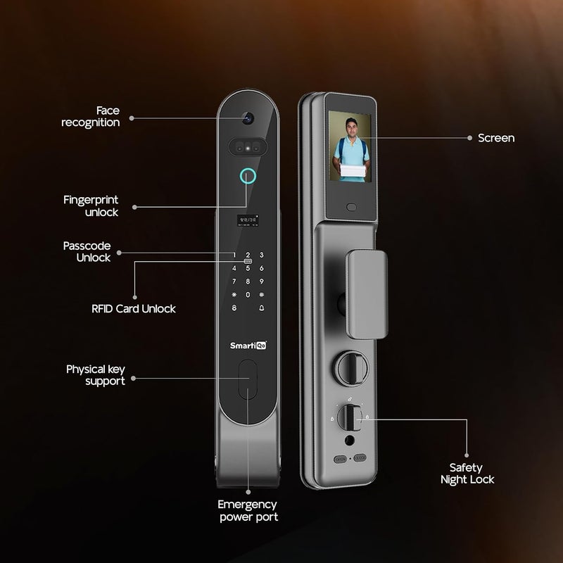 SmartiQo SmartiQo L5 Smart Door Lock with Camera 6Way Unlocking 5 Bolts Fingerprint Remote Unlocking via OTP PIN 3D Face Unlock Access Card Mobile App 2 Years Brand Warranty Black  - Image 3