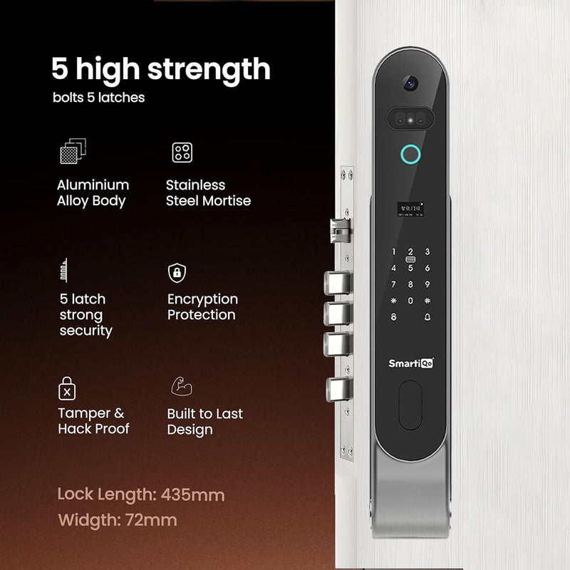 SmartiQo SmartiQo L5 Smart Door Lock with Camera 6Way Unlocking 5 Bolts Fingerprint Remote Unlocking via OTP PIN 3D Face Unlock Access Card Mobile App 2 Years Brand Warranty Black  - Image 2