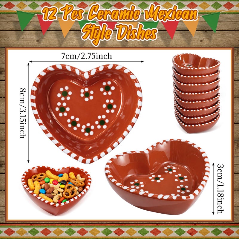 Teecyhooo 12 Pcs 3" Platos De Barro Mexicanos Clay Heart Shape Bowl Bulk Small Cielito Lindo Party Decoration Mexican Bowl Terracotta Flower Clay Pottery Dish for Birthday Wedding Party Supplies - Image 2