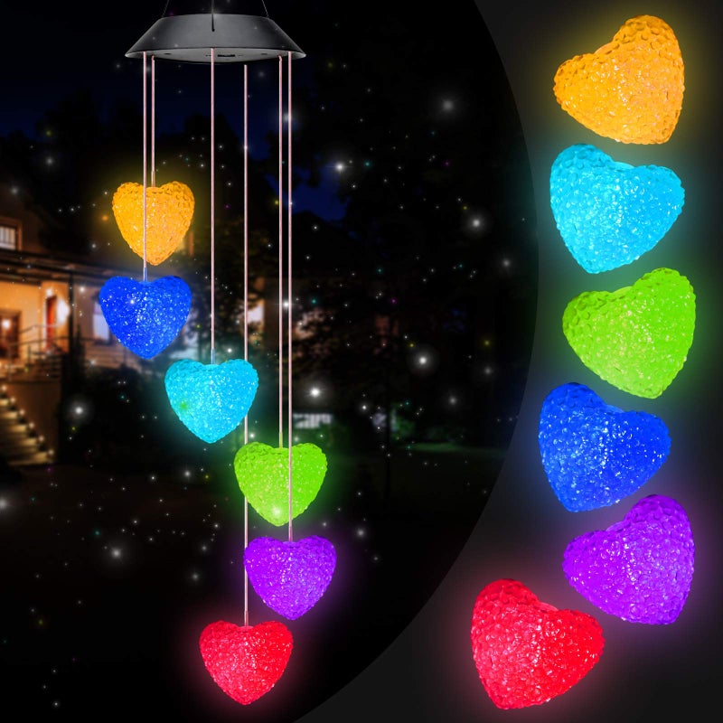 PACETAP Heart Solar Wind Chimes OutdoorLED Solar Wind Chimes Color Changing Mobile Wind Chime Waterproof Solar LightsOutdoor Valentines DecorationsValentine Lights OutdoorValentines Heart Lights