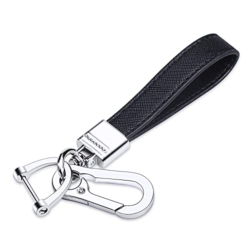 QBUC Genuine Leather Car KeychainUniversal Heavy Duty Metal Key Chain AccessoriesCar Fob Key Keychain Holder with 360 Degree Rotatable Snap Swivel and AntiLost DRing for Men WomenBlack