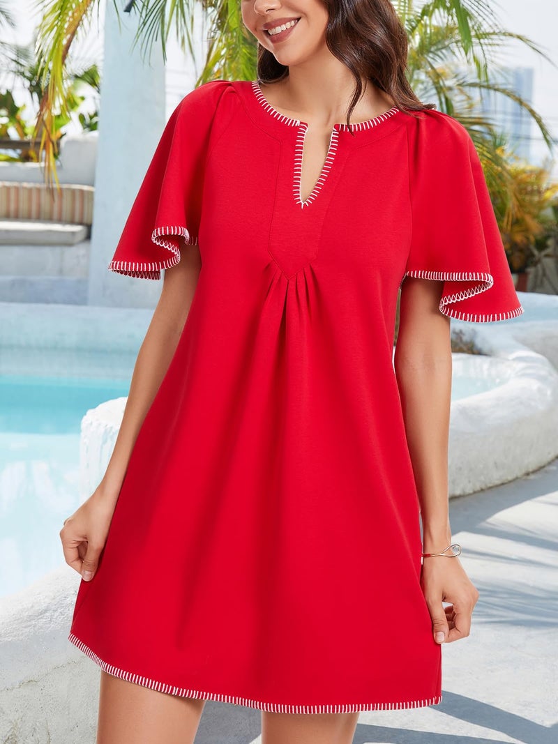 HOULENGS Women's Summer Flutter Short Sleeve A Line Mini Dress Casual Contrast Trim V Neck Short Dress with Pockets Red Small - Image 4
