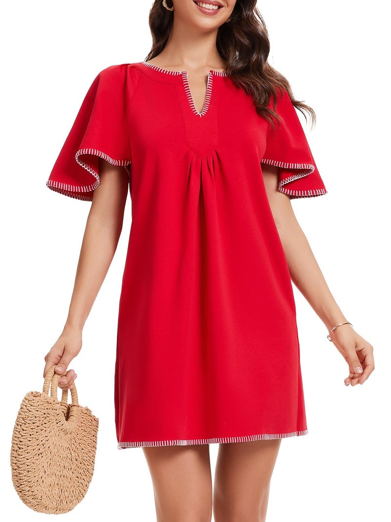 HOULENGS Women's Summer Flutter Short Sleeve A Line Mini Dress Casual Contrast Trim V Neck Short Dress with Pockets Red Small - Image 1