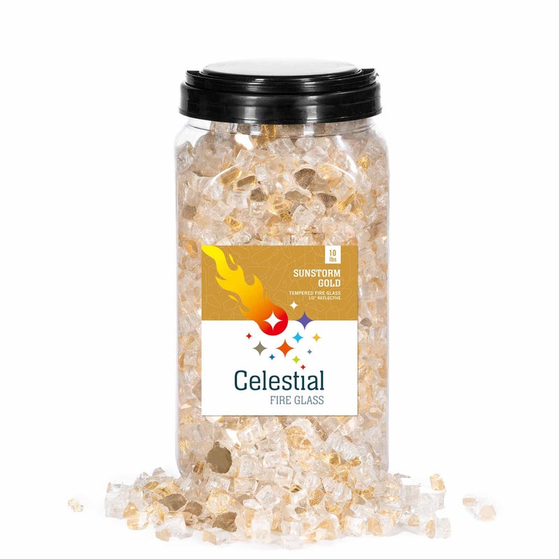 Celestial Fire Glass High Luster 12 Reflective Tempered Fire Glass in Sunstorm Gold 10 Pound Jar by Celestial Fire Glass 