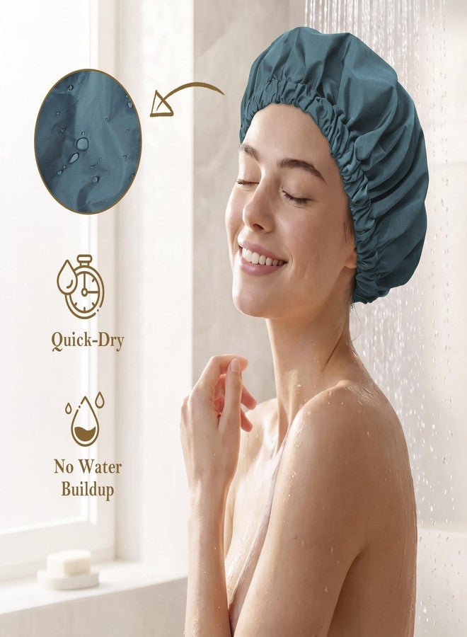 Edoneery Reusable Shower Cap for Women, Large Waterproof Shower Bonnet with Elastic Band, Washable Bath Hair Cap for Long, Curly Hair, Braids, Daily Shower, Home Spa, Travel(Bamboo Moon Blue - Image 2
