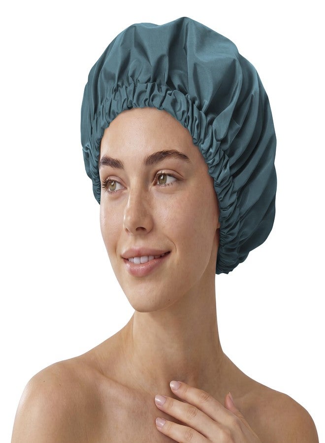 Edoneery Reusable Shower Cap for Women, Large Waterproof Shower Bonnet with Elastic Band, Washable Bath Hair Cap for Long, Curly Hair, Braids, Daily Shower, Home Spa, Travel(Bamboo Moon Blue - Image 1
