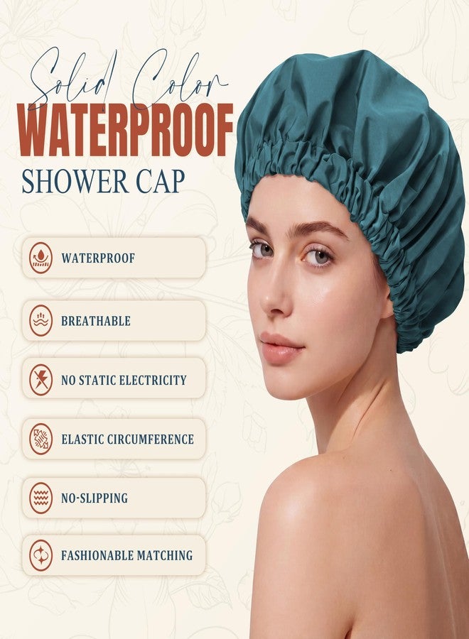 Edoneery Reusable Shower Cap for Women, Large Waterproof Shower Bonnet with Elastic Band, Washable Bath Hair Cap for Long, Curly Hair, Braids, Daily Shower, Home Spa, Travel(Bamboo Moon Blue - Image 3