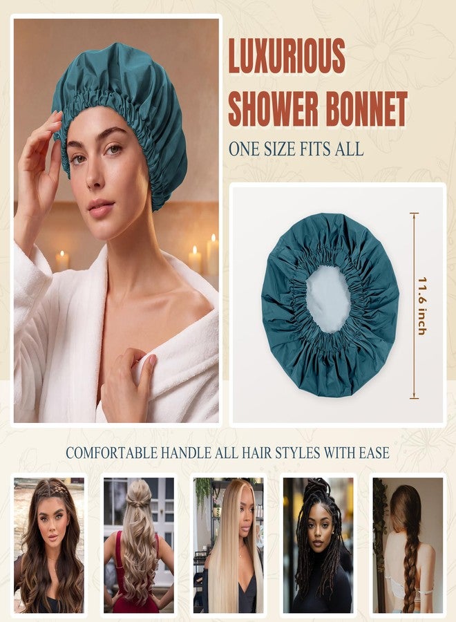 Edoneery Reusable Shower Cap for Women, Large Waterproof Shower Bonnet with Elastic Band, Washable Bath Hair Cap for Long, Curly Hair, Braids, Daily Shower, Home Spa, Travel(Bamboo Moon Blue - Image 5