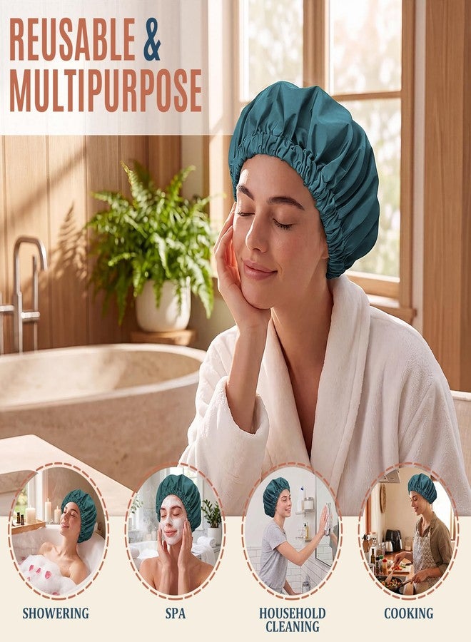 Edoneery Reusable Shower Cap for Women, Large Waterproof Shower Bonnet with Elastic Band, Washable Bath Hair Cap for Long, Curly Hair, Braids, Daily Shower, Home Spa, Travel(Bamboo Moon Blue - Image 4
