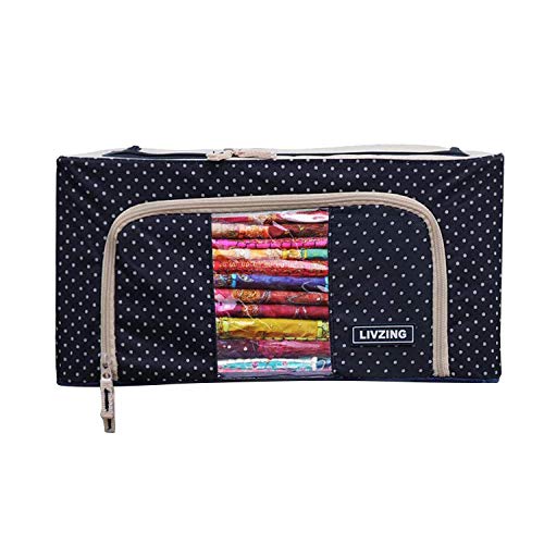 Livzing Oxford Fabric Saree Cover | Cloth Storage | Wardrobe Organizer For Clothes With Transparent Window | Clothes Storage Bags with Zip | 24L (Blue Polka)- 40cm X 30cm X 20cm - Image 4
