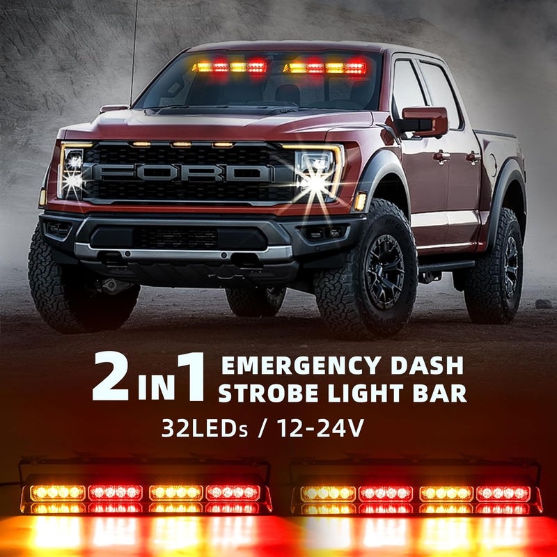 PKINGLAKE 2 in 1 LED Emergency Dash Strobe Light Bar Front/Rear Windshield Safety Flashing Warning Hazard Interior Lights for Police Firefighter Construction Vehicles Trucks (2x14 inch, Amber/Red) - Image 2