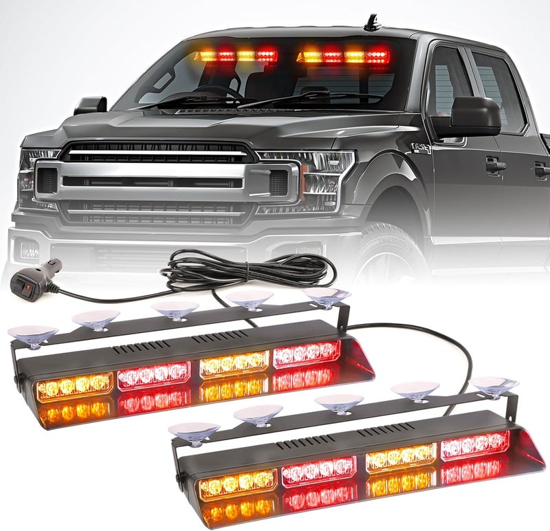 PKINGLAKE 2 in 1 LED Emergency Dash Strobe Light Bar Front/Rear Windshield Safety Flashing Warning Hazard Interior Lights for Police Firefighter Construction Vehicles Trucks (2x14 inch, Amber/Red) - Image 1