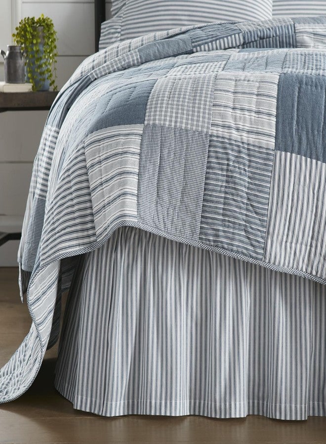 VHC Brands Sawyer Mill Ticking Striped Cotton Farmhouse Split Corners Gathered Queen Bedding Accessory, Skirt 60x80x16, Blue Denim - Image 2