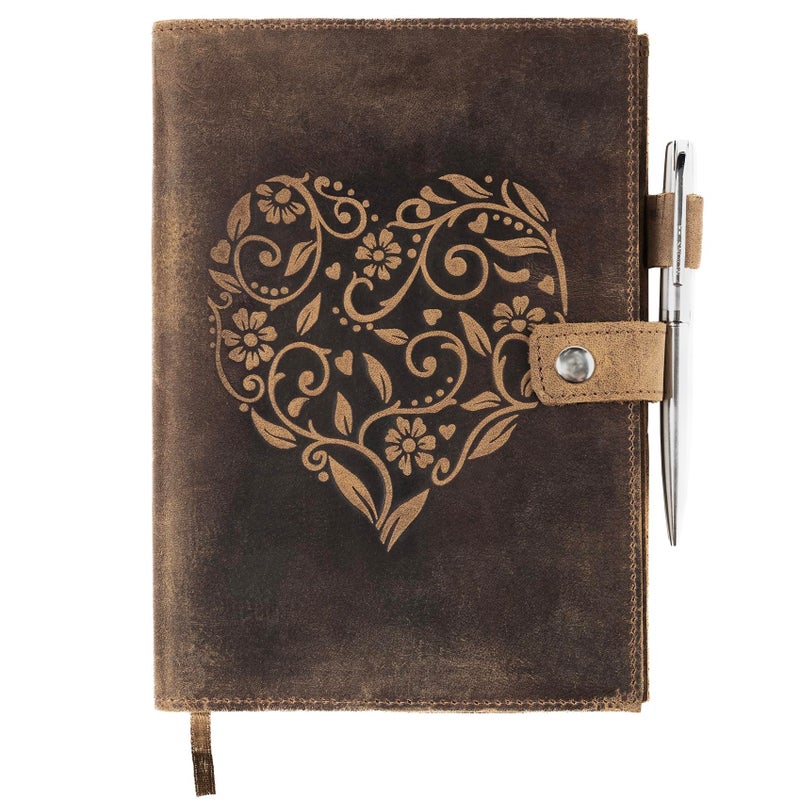 moonster Refillable Leather Journal Embossed Heart Shape Cover Design Journals with Pen â€“ Milled A5 Leather Journal Lined Paper - Journals for Women â€“ Vintage Journal - 320 Pages - Image 1